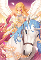 Rule 34 | 1girl, bare shoulders, blonde hair, breasts, center opening, cleavage, detached sleeves, feathers, green eyes, happy new year, horse, horseback riding, kate (alice catharsis), large breasts, long hair, looking at viewer, new year, open mouth, original, riding, smile, solo, unicorn, wings