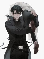 Rule 34 | 2boys, ass, belt, black coat, black eyes, black hair, black pants, black shirt, brown footwear, carrying over shoulder, character request, clenched teeth, coat, floating clothes, hand on another&#039;s ass, hand on another&#039;s leg, hand on another&#039;s shoulder, hands up, highres, huh 1222, jacket, kicking, kim dokja, korean commentary, long sleeves, looking at another, male focus, multiple boys, omniscient reader&#039;s viewpoint, pants, shirt, shoe soles, shoes, short hair, sideways glance, simple background, struggling, teeth, tight clothes, tight shirt, toned, toned male, white background, white jacket, yoo joonghyuk
