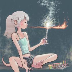 Rule 34 | 1girl, barefoot, blonde hair, blowing, breath weapon, breathing fire, closed eyes, feet, fire, fireworks, lowres, midriff, monster girl, pointy ears, ponytail, sitting, soles, solo, sparkler, spread legs, tail, tank top, ymr