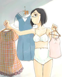 Rule 34 | 1girl, black hair, bob cut, bra, breasts, brown eyes, camisole, checkered clothes, checkered dress, clothes hanger, dress, dressing, expressionless, frilled dress, frills, front-hook bra, glasses, gluteal fold, holding, holding clothes, maternity underwear, medium breasts, panties, pink camisole, pregnant, red ribbon, ribbon, sailor collar, school uniform, semi-rimless eyewear, serafuku, short hair, short sleeves, solo, standing, underwear, underwear only, white bra, white panties, youshun