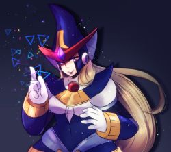 Rule 34 | 1girl, android, berkana (mega man), black background, blonde hair, breasts, dress, gloves, hat, highres, hydrangea (artist), lips, lipstick, long hair, makeup, medium breasts, mega man (series), mega man x (series), mega man xtreme 2, plump, purple eyes, robot, smile, solo, triangle, white gloves, witch, witch hat