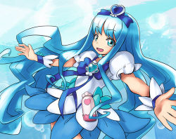 Rule 34 | 10s, 1girl, blue background, blue eyes, blue hair, blue skirt, blue theme, bow, brooch, cure marine, hair ornament, hairpin, heart, heart brooch, heartcatch precure!, hirosato, jewelry, kurumi erika, long hair, magical girl, matching hair/eyes, outstretched arms, precure, puffy sleeves, ribbon, skirt, smile, solo, spread arms, wrist cuffs