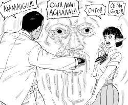 Rule 34 | 1boy, 1girl, ^^^, audrey hepburn, bb (baalbuddy), bocca della verita, collared shirt, commentary, dark-skinned male, dark skin, elf, english commentary, english text, gregory peck, greyscale, hair bun, highres, jacket, long sleeves, monochrome, neckerchief, open mouth, orc, original, pants, parody, pleated skirt, pointy ears, roman holiday, shirt, short sleeves, single hair bun, skirt, smile, sweat, sweatdrop, nervous sweating, wide-eyed, wing collar