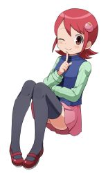 Rule 34 | 1girl, black thighhighs, breasts, brown eyes, buchi (y0u0ri ), closed mouth, full body, hair ornament, highres, looking at viewer, mayl sakurai (mega man), mega man (series), mega man battle network, mega man battle network (series), red hair, short hair, simple background, skirt, smile, solo, thighhighs, white background
