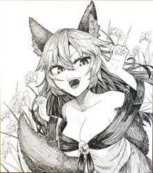 Rule 34 | 1girl, animal ears, breasts, brooch, cleavage, commentary request, dress, fangs, fingernails, flower, graphite (medium), greyscale, hair between eyes, highres, imaizumi kagerou, jewelry, ke-su, large breasts, long hair, long sleeves, looking at viewer, monochrome, off-shoulder dress, off shoulder, open mouth, sharp fingernails, shikishi, smile, solo, tail, touhou, traditional media, upper body, wolf ears, wolf girl, wolf tail