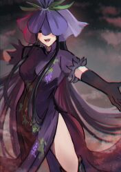 Rule 34 | 1girl, black eyes, black gloves, black hair, dress, elbow gloves, food print, fruit print, gloves, grape print, hat, highres, khylimei, long hair, open mouth, outstretched arms, purple dress, purple hat, sidelocks, signature, smile, solo, spread arms, touhou, unfinished dream of all living ghost, yomotsu hisami