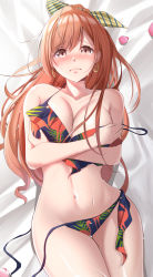 Rule 34 | 1girl, animal print, arisugawa natsuha, bed, bed sheet, bikini, black bikini, black eyes, blush, bow, breasts, breasts squeezed together, cleavage, collarbone, earrings, from above, hair bow, halterneck, highres, hoop earrings, idolmaster, idolmaster shiny colors, jewelry, large breasts, leaf print, long hair, looking at viewer, lying, navel, on back, on bed, orange hair, petals, sleeveless, solo, strap slip, striped, striped bow, swimsuit, tears, two-tone bow, untied bikini, yoshimoto (carpsukidayo)