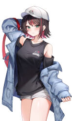 1girl absurdres armpit_crease armpits bag baseball_cap black_hair black_shirt bu_leike casual collarbone colored_inner_hair commentary_request green_eyes handbag hat highres hizuki_yui hizuki_yui_(3rd_costume) jacket jacket_partially_removed mole mole_under_eye multicolored_hair neo-porte off_shoulder official_alternate_costume official_alternate_hairstyle open_mouth pout red_hair shirt short_hair shorts simple_background sleeves_past_wrists solo streaked_hair virtual_youtuber white_background