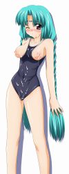 Rule 34 | 1990s (style), 1girl, ;(, absurdres, aqua hair, arms at sides, bare arms, bare legs, bare shoulders, black one-piece swimsuit, braid, breasts, breasts out, canal vorfeed, closed mouth, collarbone, competition swimsuit, covered navel, cum, cum on body, cum on breasts, cum on clothes, cum on upper body, facial, facial mark, forehead mark, highres, legs apart, long hair, looking at viewer, lost universe, nipples, one-piece swimsuit, parted bangs, purple eyes, raised eyebrows, retro artstyle, school swimsuit, shiny skin, simple background, skin tight, solo, standing, sugimura tomokazu, swimsuit, tareme, twin braids, very long hair, white background
