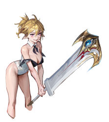 Rule 34 | 1girl, absurdres, ahoge, bent over, blonde hair, bow, bowtie, breasts, cleavage, detached collar, highleg, highleg leotard, highres, holding, holding sword, holding weapon, large breasts, leotard, looking at viewer, original, pink eyes, pointy ears, rongzhen, short hair, simple background, smile, solo, sword, thighs, weapon, white background, white leotard