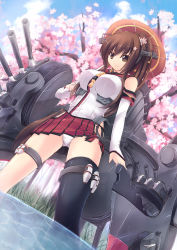 Rule 34 | 10s, 1girl, anchor, breasts, brown eyes, brown hair, cannon, cherry blossoms, detached sleeves, flower, hair flower, hair ornament, highres, kantai collection, large breasts, long hair, machinery, miniskirt, oil-paper umbrella, panties, pantyshot, personification, pleated skirt, ponytail, single thighhigh, skirt, smile, solo, srwsrx (gp03dsrx), thighhighs, turret, umbrella, underwear, upskirt, very long hair, yamato (kancolle)