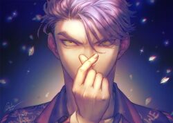 Rule 34 | 1boy, blue background, collared shirt, commentary, copyright request, covered mouth, falling petals, finger heart, fingernails, furrowed brow, glint, hair over one eye, hand up, highres, long sleeves, looking at viewer, male focus, petals, portrait, print shirt, purple hair, shirt, short hair, signature, solo, straight-on, symbol-only commentary, yamyanm.k, yellow eyes