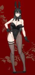 Rule 34 | 1girl, animal ears, armband, asymmetrical legwear, bare shoulders, black gloves, black hair, black leotard, blush, breasts, classy-black-haired girl (hayabusa), cleavage, detached collar, earrings, fake animal ears, fishnet pantyhose, fishnets, full body, gloves, hand on own hip, hayabusa, highleg, highleg leotard, highres, jewelry, large breasts, leotard, long hair, looking at viewer, mole, mole on breast, mole under eye, mole under mouth, original, pantyhose, playboy bunny, purple eyes, rabbit ears, red background, single earring, solo, straight hair, thigh strap, wide hips, wrist cuffs