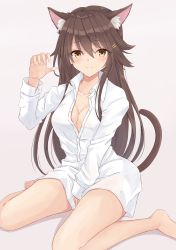 Rule 34 | 1girl, animal ears, bare legs, barefoot, between legs, black hair, blush, breasts, buttons, cat ears, cat tail, cleavage, closed mouth, collarbone, collared shirt, gensoukitan, grey background, hair between eyes, hair ornament, hairclip, hand between legs, haruna (kancolle), highres, kantai collection, kemonomimi mode, large breasts, long hair, long sleeves, looking at viewer, shirt, simple background, sitting, solo, tail, wariza, white shirt, yellow eyes
