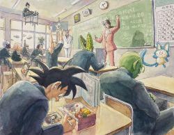Rule 34 | 2020, 6+boys, android 17, antennae, arm up, artist name, babidi, bald, beard, bento, black eyes, black hair, broken window, burter, captain ginyu, cell (dragon ball), cellphone, chair, chalkboard, chi-chi (dragon ball), chopsticks, classroom, clock, colored skin, crash, crossed arms, dabura, desk, dragon ball, dragonball z, earphones, earrings, eating, extra arms, closed eyes, facial hair, facial mark, facial scar, floating, flying, food, forehead mark, formal, gakuran, ginyu force, green skin, guldo, hammar dobucof, highres, horns, iei, indian style, indoors, jeice, jewelry, kuririn, levitation, long hair, male focus, mister popo, multiple boys, mutaito (dragon ball), muten roushi, necktie, on desk, oolong, open mouth, painting (medium), perfect cell, phone, photo (object), piccolo, podium, pointing, pointy ears, puar, recoome, scar, scar on cheek, scar on face, school chair, school desk, school uniform, signature, sitting, on desk, smartphone, son goku, standing, suit, sunglasses, television, tenshinhan, thumbs up, traditional media, translation request, trunks (dragon ball), trunks (future) (dragon ball), turban, vegeta, watercolor (medium), white hair, white suit, yamcha