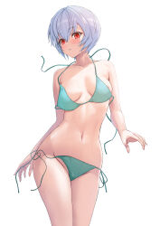 Rule 34 | 1girl, absurdres, areola slip, ayanami rei, bikini, blue hair, blush, breasts, commentary request, highres, looking at viewer, medium breasts, navel, neon genesis evangelion, parted lips, red eyes, sasasa r 23, short hair, solo, string bikini, swimsuit, wardrobe malfunction, white background