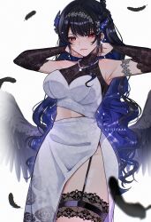 1girl absurdres alternate_costume alternate_hair_length alternate_hairstyle asymmetrical_horns black_hair black_wings blue_hair breasts colored_inner_hair commentary demon_girl demon_horns dress elbow_gloves english_commentary feathered_wings gloves highres hololive hololive_english horns keisea lace_trim large_breasts long_hair looking_at_viewer low_wings mole mole_under_eye multicolored_hair nerissa_ravencroft red_eyes side_slit sleeveless sleeveless_dress two-tone_hair uneven_horns very_long_hair virtual_youtuber white_wings wings