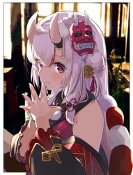 Rule 34 | 1girl, blurry, blurry background, blush, commentary request, detached sleeves, hair between eyes, highres, hololive, horns, japanese clothes, long hair, looking at viewer, mask, nakiri ayame, nakiri ayame (1st costume), namaonpa, oni mask, own hands clasped, own hands together, portrait, red eyes, silver hair, skin-covered horns, smile, solo, virtual youtuber