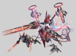 Rule 34 | 1girl, armor, armored skirt, artery gear, artery gear: fusion, benny (artery gear), crown, greaves, grey background, grin, hair over eyes, lance, leotard, lightning, looking ahead, mecha musume, mechanical ears, observerz, official art, one eye covered, polearm, red eyes, red leotard, sharp teeth, shield, smile, teeth, weapon, white hair, wire