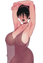 Rule 34 | 1girl, avatar legends, black hair, blind, breasts, choker, highres, huge breasts, lipstick, makeup, morganagod, nightgown, nipples, see-through, thick thighs, thighs, toph bei fong