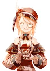 Rule 34 | 1girl, absurdres, aqua eyes, bare shoulders, belt, bow, bowtie, brown bow, brown bowtie, cabbie hat, camera, charlotte (genshin impact), detached sleeves, genshin impact, hat, hat feather, highres, holding, holding camera, long sleeves, medium hair, monocle, noi (nuoyawupengchuan), open mouth, pink hair, pointing, pointing at viewer, puffy long sleeves, puffy sleeves, red hat, shirt, simple background, smile, solo, upper body, white background, white belt, white shirt
