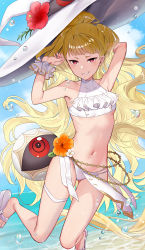 Rule 34 | 1girl, alternate costume, armpits, arms up, beach, bikini, blonde hair, bracelet, breasts, cloud, cloudy sky, commentary, earrings, eitri (fire emblem), english commentary, fire emblem, fire emblem heroes, flower, gluteal fold, haru (nakajou-28), hat, highres, jewelry, long hair, looking at viewer, multi-strapped bikini, navel, nintendo, ocean, red eyes, shore, sky, small breasts, smile, solo, swimsuit, tri tails, underboob, wavy hair, white bikini