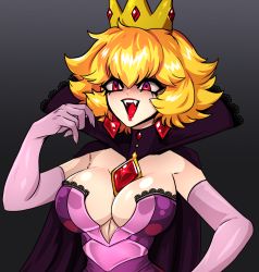 Rule 34 | 1girl, black background, blonde hair, breasts, cape, cleavage, dress, earrings, elbow gloves, fangs, gloves, high collar, jewelry, jun-kou, lace, large breasts, lipstick, makeup, mario (series), necklace, nintendo, open mouth, paper mario, paper mario: the thousand year door, possessed, princess peach, red eyes, red lips, ruby (stone), shadow queen, short hair, smile, solo, upper body