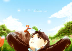Rule 34 | 10s, 1boy, 1girl, arrietty, eye contact, image sample, karigurashi no arrietty, looking at another, lying, mini person, minigirl, outdoors, pixiv sample, resized, shou (karigurashi no arrietty), sitting, sky, studio ghibli