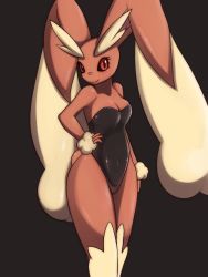 Rule 34 | 1girl, animal ears, aoinu111, bare shoulders, black background, black leotard, blush, breasts, cleavage, covered navel, creatures (company), fake animal ears, furry, furry female, game freak, gen 4 pokemon, hand on own hip, leotard, looking at viewer, lopunny, medium breasts, navel, nintendo, playboy bunny, pokemon, pokemon (creature), pokemon dppt, rabbit ears, rabbit tail, red eyes, simple background, smile, solo, standing, strapless, tail