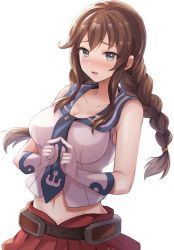 Rule 34 | 1girl, belt, blush, braid, breasts, brown hair, cleavage, collarbone, fingers together, gloves, green eyes, highres, index fingers together, kantai collection, large breasts, long hair, looking at viewer, midriff, navel, noshiro (kancolle), open mouth, pleated skirt, red skirt, sailor collar, senbei (senbe i), sidelocks, simple background, skirt, solo, twin braids, upper body, white background, white gloves