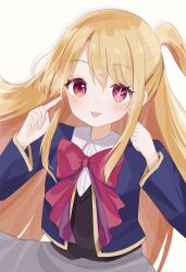 Rule 34 | 1girl, black sweater vest, blonde hair, blue jacket, blush, bow, bowtie, collared shirt, commentary request, cowboy shot, cropped jacket, dress shirt, grey skirt, hair between eyes, hair ornament, hoshino ruby, jacket, long hair, long sleeves, looking at viewer, mismatched pupils, one side up, open clothes, open jacket, oshi no ko, outline, piko pinapi, pink bow, pink bowtie, pink eyes, pointing, pointing at self, school uniform, shadow, shirt, sidelocks, simple background, skirt, solo, star-shaped pupils, star (symbol), sweater vest, symbol-shaped pupils, tongue, tongue out, very long hair, white background, white shirt, youtou high school uniform
