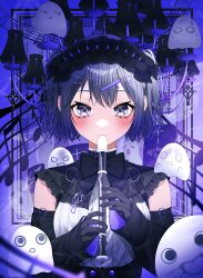 Rule 34 | 1girl, absurdres, blush, bow, bowtie, center frills, chandelier, commentary, cross hair ornament, detached sleeves, flute, frilled shirt collar, frills, ghost, grey eyes, hair ornament, hairband, hairclip, highres, holding, holding instrument, instrument, lolita hairband, long sleeves, looking at viewer, music, musical note, original, playing instrument, purple hair, purple theme, recorder, shirt, short hair, sleeveless, sleeveless shirt, smile, solo, staff (music), straight-on, symbol-only commentary, two side up, underbust, upper body, wanko (yurika0320)