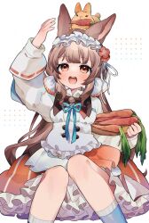 Rule 34 | 1girl, animal, animal ears, animal on head, arknights, blue socks, blush, brown hair, carrot, commentary request, dress, feet out of frame, frilled dress, frilled hairband, frills, hairband, highres, long hair, long sleeves, on head, open mouth, rabbit ears, rabbit girl, red eyes, round teeth, sitting, socks, solo, takumi mizuki, teeth, upper teeth only, very long hair, warmy (arknights)