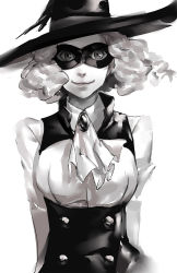 Rule 34 | 1girl, blazpu, greyscale, hat, highres, looking at viewer, mask, monochrome, neckerchief, okumura haru, persona, persona 5, short hair, smile, solo, upper body, wavy hair, white background