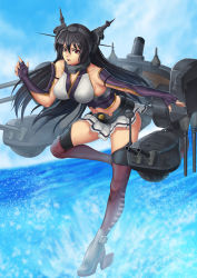 Rule 34 | 10s, 1girl, bare shoulders, battleship, blue sky, breasts, brown hair, cannon, cloud, cloudy sky, collarbone, day, elbow gloves, female focus, fingerless gloves, frown, gloves, hand up, headgear, headpiece, high heels, highres, kantai collection, ko-ran, large breasts, leg up, long hair, machinery, midriff, military, military vehicle, miniskirt, nagato (kancolle), navel, ocean, outstretched arm, red eyes, ship, skirt, sky, solo, thigh strap, thighhighs, very long hair, warship, water, watercraft, wind