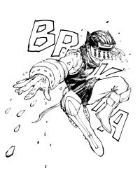 Rule 34 | 1boy, boku no hero academia, boots, braid, braided ponytail, clenched teeth, engawaji, gloves, greyscale, highres, jumping, male focus, mask, monochrome, rin hiryuu, simple background, solo, teeth, white background