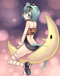 Rule 34 | 1girl, animal ears, ass, cat ears, cat tail, chaudlapin, crescent moon, crotch rub, halloween, moon, no panties, on crescent, original, sitting on moon, solo, striped clothes, striped thighhighs, tail, thighhighs