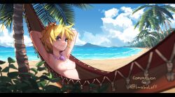 Rule 34 | 1girl, absurdres, armpit hair, armpits, arms behind head, bare shoulders, beach, bead necklace, beads, blonde hair, blue eyes, breasts, chrono cross, cloud, collarbone, commission, covered erect nipples, day, hair between eyes, hair ribbon, highres, jewelry, kid (chrono cross), looking at viewer, necklace, ocean, original, outdoors, palm tree, popopoka, red ribbon, ribbon, see-through, short hair, small breasts, smile, solo, tooth necklace, tree, upper body