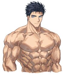 Rule 34 | 1boy, abs, bara, black hair, blue eyes, cropped torso, domo (domo kizusuki), eyelashes, highres, kokado shido (domo), large pectorals, light smile, looking to the side, male focus, muscular, muscular male, navel, nipples, original, pectorals, short hair, sideburns, simple background, solo, thick eyebrows, topless male, veins, white background