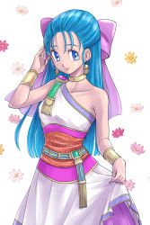 Rule 34 | 1girl, absurdres, asymmetrical clothes, blue eyes, blue hair, bow, bracelet, clothes lift, commentary request, dragon quest, dragon quest v, dress, dress lift, earrings, flora (dq5), flower, hair bow, highres, huge bow, jewelry, long dress, long hair, looking at viewer, pekuchin (pekuchin 3), purple bow, single bare shoulder, sleeveless, sleeveless dress, solo, white background, white dress