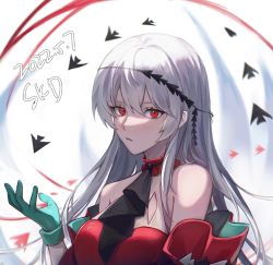 Rule 34 | 1girl, aqua gloves, arknights, ascot, black ascot, breasts, dated, detached sleeves, dress, gloves, grey hair, hair between eyes, hair ornament, hand up, highres, long hair, looking at viewer, matsusa, medium breasts, no headwear, no headwear, official alternate costume, parted lips, red dress, red eyes, red sleeves, skadi (arknights), skadi the corrupting heart (arknights), sleeveless, sleeveless dress, solo, upper body