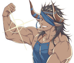 Rule 34 | 1boy, apron, bara, black hair, brown eyes, dark-skinned male, dark skin, draph, earrings, eyepatch, flexing, granblue fantasy, headband, horns, jewelry, large pectorals, long hair, looking at viewer, male focus, manly, muscular, nearly naked apron, no nipples, pectoral cleavage, pectorals, pointy ears, reinhardtzar, revealing clothes, sidepec, smile, solo, sparkle, sweatdrop, upper body, veins, white background, zanki