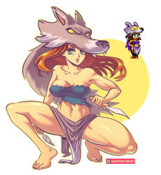 Rule 34 | 1girl, bare shoulders, barefoot, blue sclera, breasts, character request, cleavage, colored sclera, female focus, fingernails, floating hair, full body, green eyes, highres, holding, holding weapon, knife, lips, long fingernails, long hair, looking at viewer, navel, orange hair, shantae (series), solo, solo focus, supersatanson, thick thighs, thighs, weapon, yellow sclera