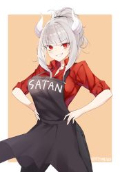 Rule 34 | 1girl, apron, blush, breasts, character name, commentary, demon girl, demon horns, epomeno, gloves, helltaker, highres, horns, large breasts, long hair, looking at viewer, lucifer (helltaker), mole, mole under eye, orange background, photoshop (medium), red eyes, red shirt, shirt, simple background, smile, solo, white background, white hair, white horns