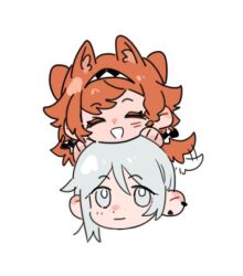 Rule 34 | 2girls, animal ears, chibi, closed eyes, closed mouth, commentary request, dog ears, dog tail, ear piercing, freckles, grey eyes, grey hair, kemonomimi mode, lowres, molu stranger, multiple girls, open mouth, orange hair, piercing, reverse:1999, simple background, smile, sonetto (reverse:1999), tail, tail wagging, two side up, vertin (reverse:1999), white background