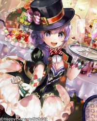Rule 34 | 1girl, :d, breasts, carrying, cleavage, fork, glass, hat, holding, long hair, looking at viewer, majoca majoluna, official art, open mouth, purple eyes, purple hair, shutsuri, smile, solo, tray