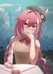Rule 34 | 1girl, absurdres, bags under eyes, bare arms, bare shoulders, beret, choker, feathered wings, hat, heart, heart-shaped pupils, highres, indie virtual youtuber, letter, long hair, looking at viewer, love letter, pillowdear, pink hair, red eyes, ribbon choker, symbol-shaped pupils, vilferoy, watermark, wings