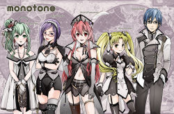 1boy 4girls bad_id bad_pixiv_id blonde_hair blue_hair earrings elbow_gloves garter_straps glasses gloves green_eyes green_hair hairband jewelry long_hair multiple_girls naka_nohito original pants purple_eyes purple_hair red_eyes red_hair short_hair smile standing thighhighs twintails yellow_eyes