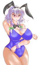 Rule 34 | 1girl, animal ears, auau, bare shoulders, blue eyes, blush, braid, breast hold, breasts, cleavage, curvy, female focus, hair ornament, izayoi sakuya, large breasts, leotard, pantyhose, playboy bunny, rabbit ears, silver hair, simple background, solo, standing, thick thighs, thighs, touhou, white background, wide hips
