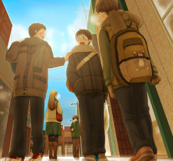 Rule 34 | 1girl, 4boys, backpack, bad id, bad pixiv id, bag, blush, boots, breath, brown gloves, brown hair, brown scarf, buttons, city, day, elly (toytronica), from behind, from below, gloves, hand in pocket, hand on another&#039;s shoulder, long hair, looking at another, multiple boys, open mouth, outdoors, pants, road, scarf, sky, street, stuffed animal, stuffed toy, teddy bear, walking
